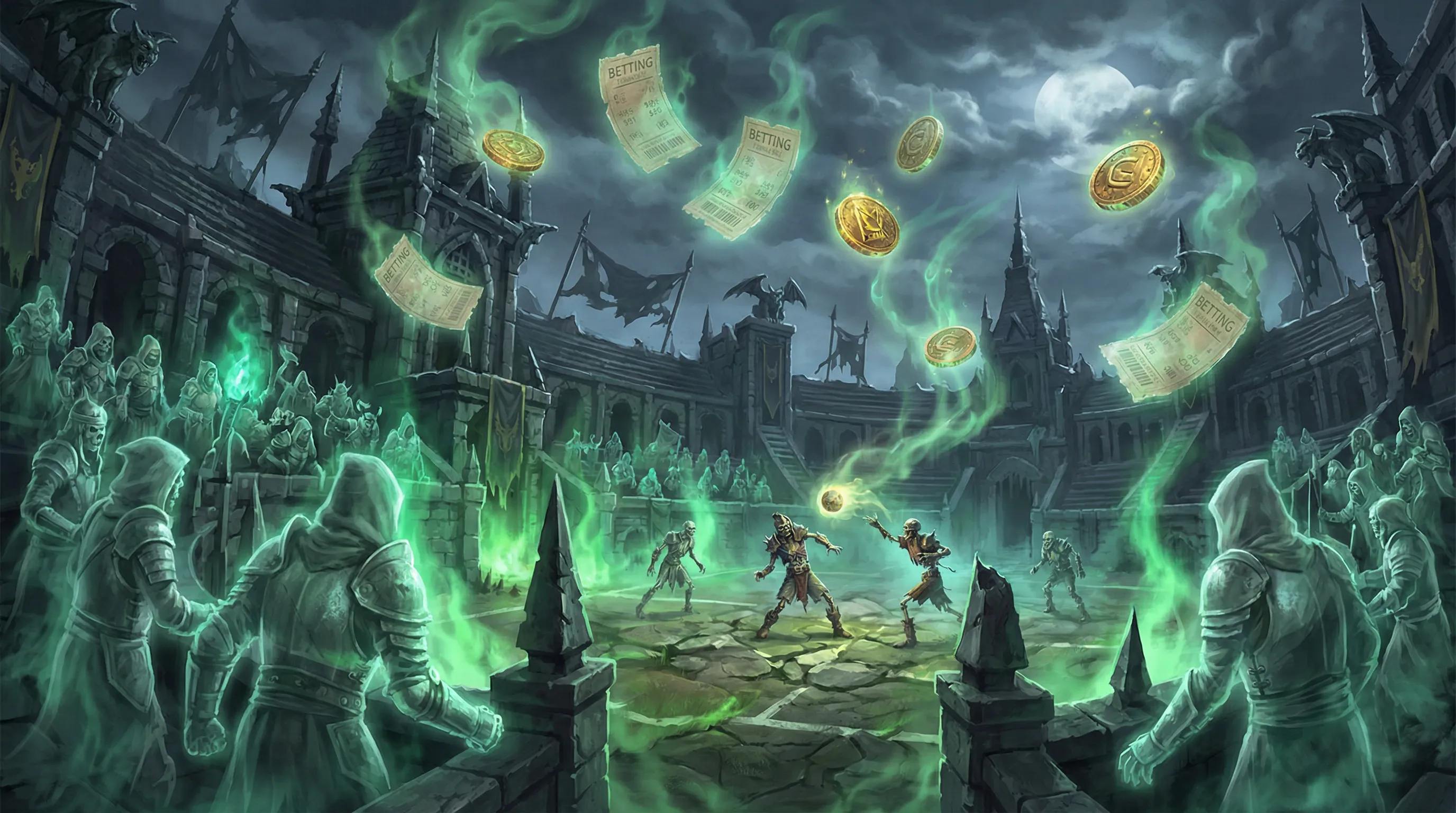 Arena de apostas esportivas com espectadores fantasmagóricos